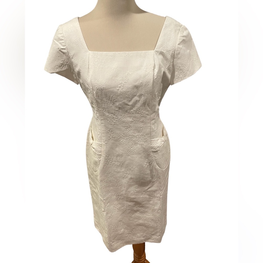 Talbots Petites White Brocade Cotton Blend Square Neck Capped Sleeve Midi Dress